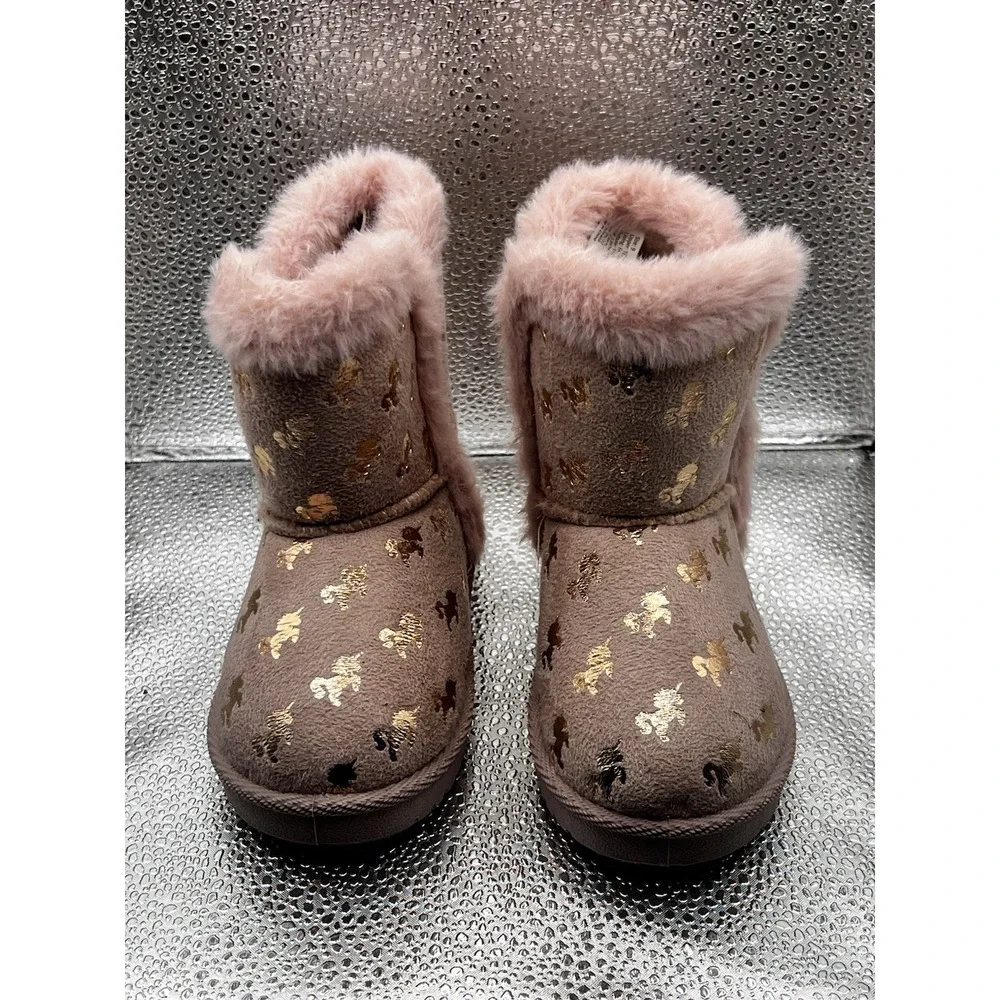 Olivia Miller Toddler Girl Size 9 Unicorn Boots Pink Gold Faux Fur Soft Pull On